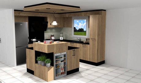 Projet 3D de la future cuisine "chêne et noir".