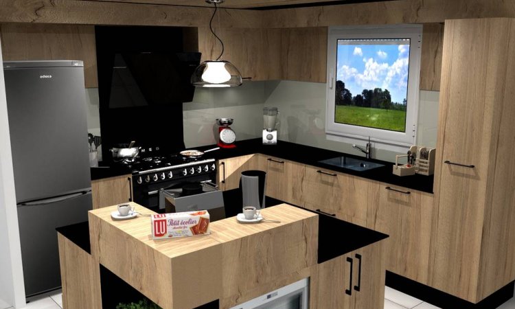 Projet 3D de la future cuisine "chêne et noir".